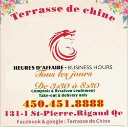 Restaurant Terrasse de Chine Québec Inc, Rigaud, QC opening hours